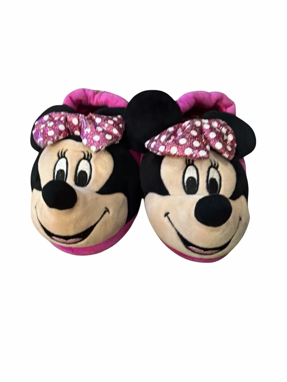 Disney Minnie Mouse Pink Black Plush Kids Slippers